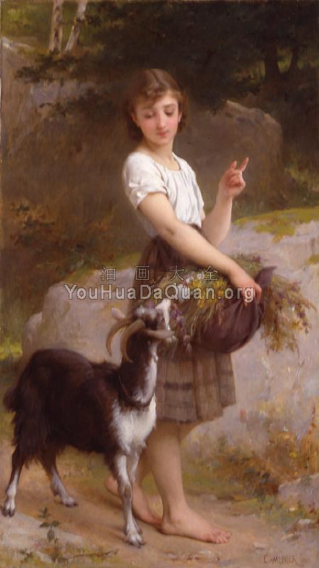 young girl with goat and flowers - 埃米尔·穆尼尔